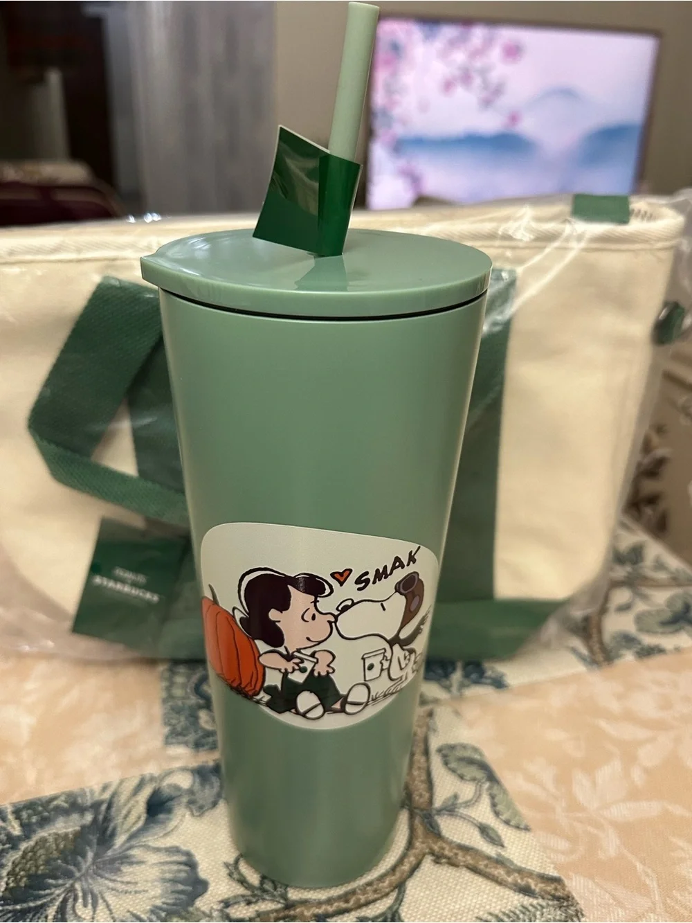 Peanuts & Starbucks Green Canvas Tote and Travel Tumbler (24 Oz) Set